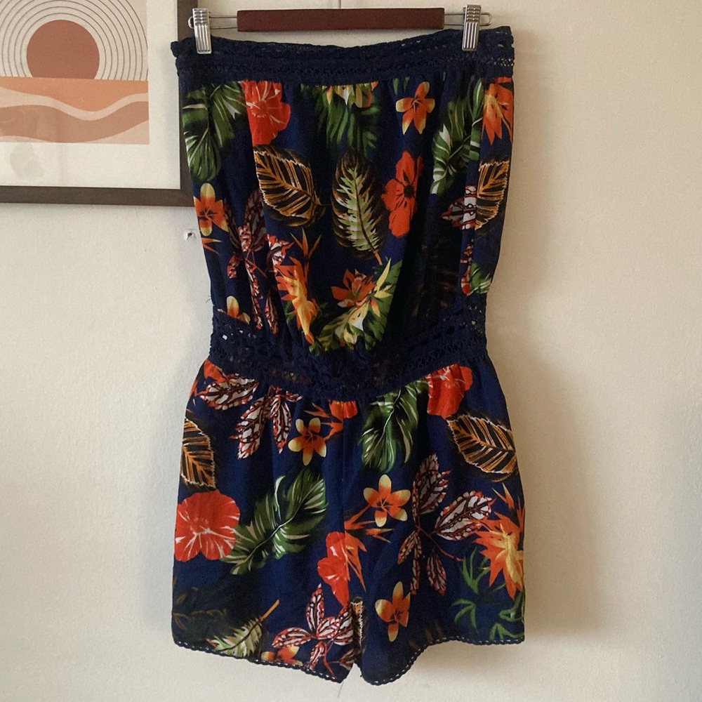 NEW Strapless Floral Romper with Lace Details!